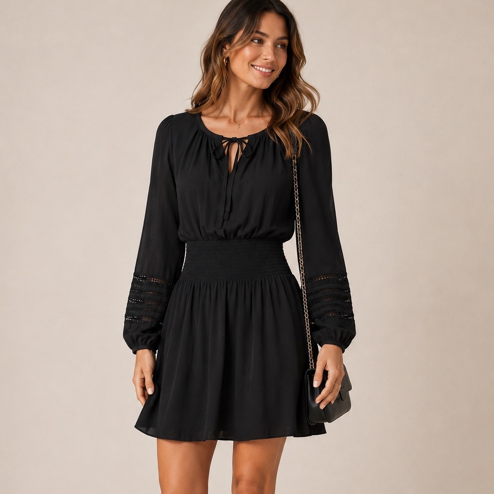 Ramy Brook Black Long Sleeve Smocked Waist Dress Lace Detail Sleeves - Medium